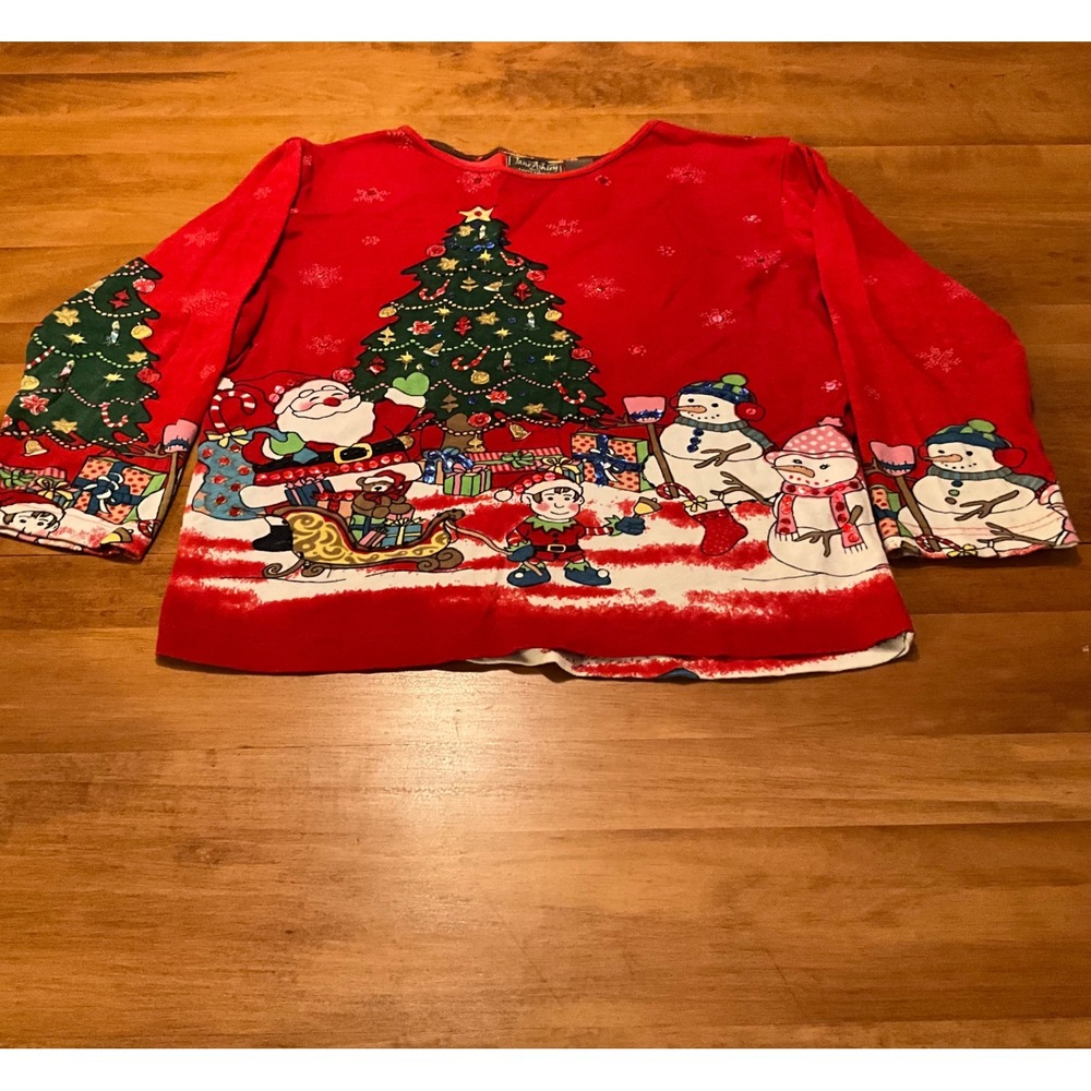 Jane Ashley Petite‎ Casual Lifestyle Christmas Holiday Top PL Red Santa Snowmen